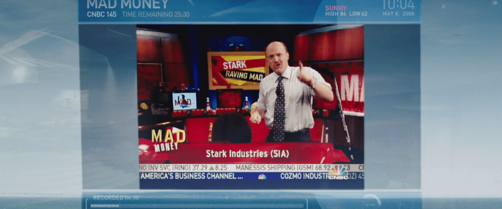 TV display in Stark's mansion showing the current date as May 4, 2008.