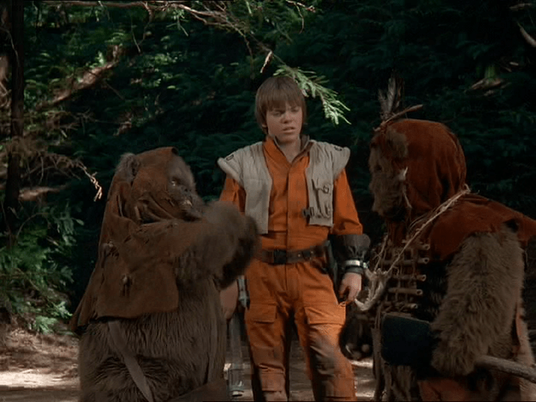 Mace sneers at a pair of Ewoks.