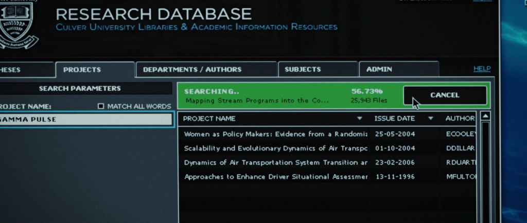 Culver University Research Database search results. Four projects with dates between 1996 and 2006.