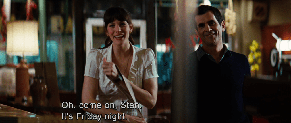 Betty reminds Stan, the owner of the local pizza parlor, that it's Friday night.