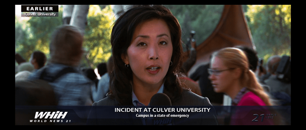 WHIH news broadcast from the Culver University campus following the fight between Hulk and the U.S. army.