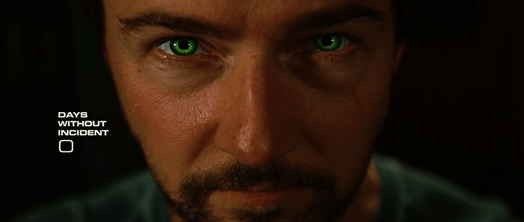 Number counts down to zero as banner opens his eyes to reveal green irises.