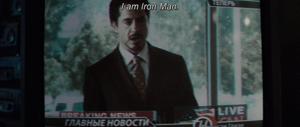 Anton Vanko watches Tony Stark reveal that he is Iron Man on the news.