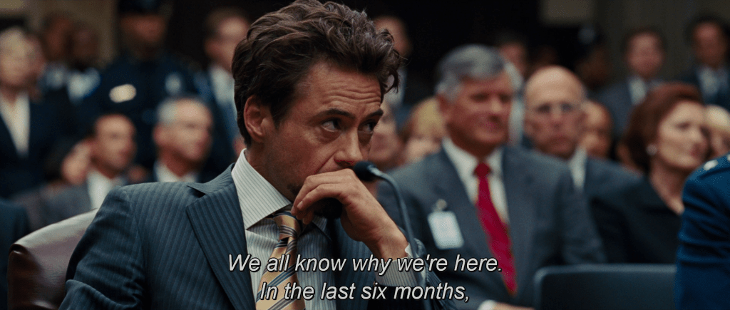 Justin Hammer describing the Iron Man suit at the Senate hearing. "We all know why we're here. In the last six months,…"