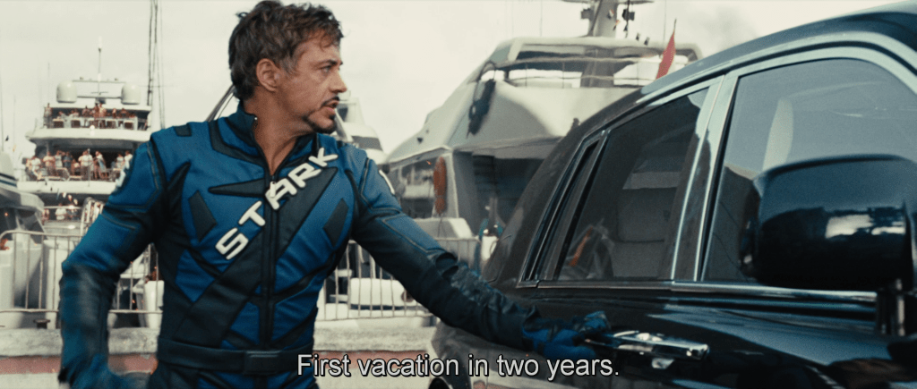 Tony getting into a car after being attacked by Whiplash, complaining that this was his "First vacation in two years."