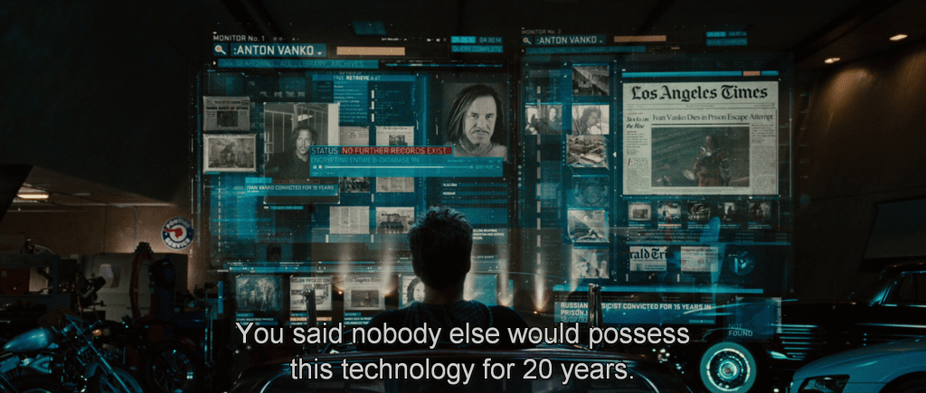 Rhodey to Tony, "You said nobody else would possess this technology for 20 years."