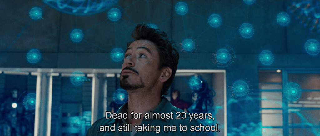 Tony referring to his dad, "Dead for almost 20 years, and still taking me to school."