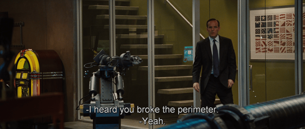 Coulson to Tony, "I heard you broke the perimeter."