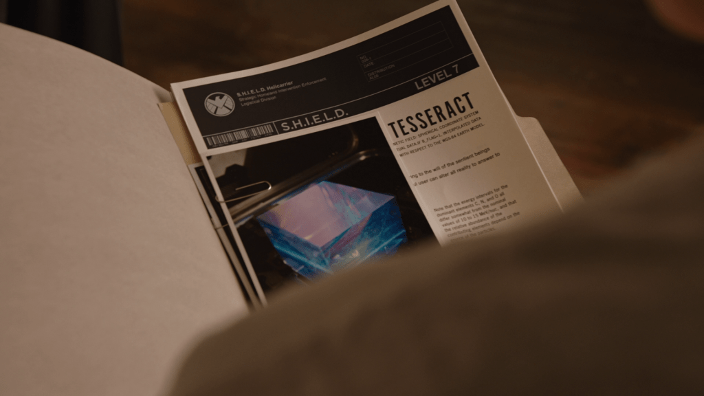 S.H.I.E.L.D. intelligence document on the Tesseract with the date redacted.