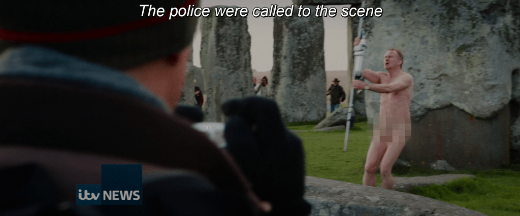 News reporter narrating over footage of a naked Erik Selvig,