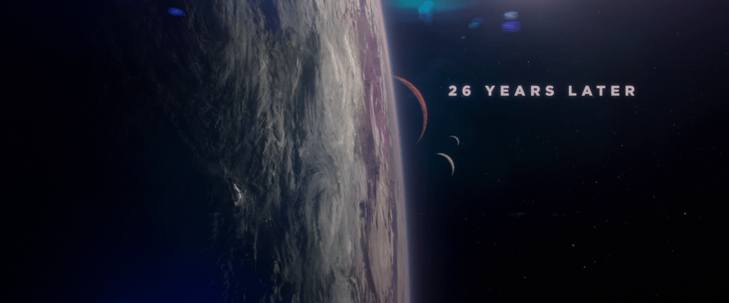 Title card above an alien planet reading,