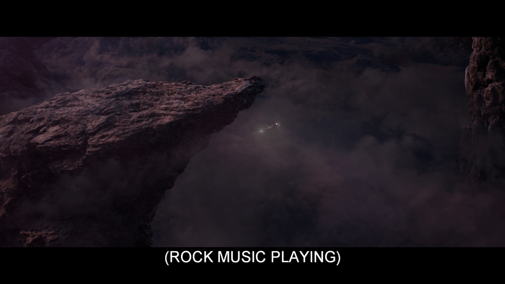 Peter's spaceship flies through the atmosphere of the alien planet. Subtitles read,