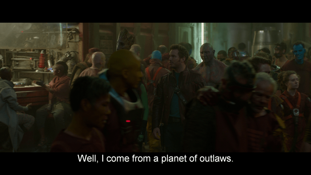 Walking through the crowded streets of Knowhere, Peter tells Drax,
