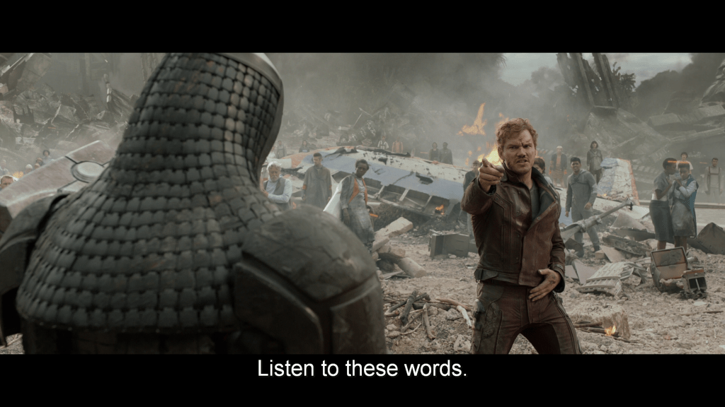 Peter points at Ronan amid the wreckage of the Dark Aster and says,