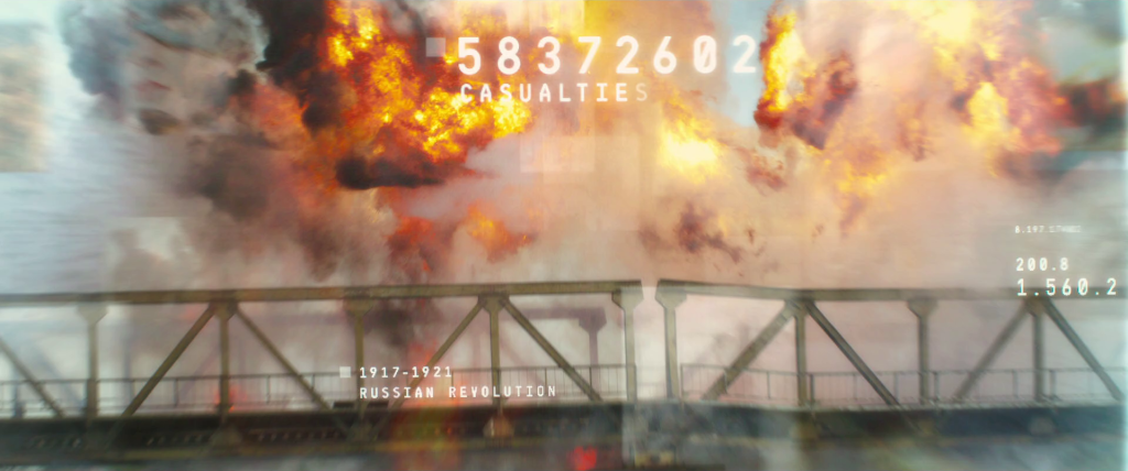 Image of a large explosion with information on the Russian Revolution, 1917-1921.