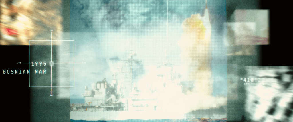 Image of a battleship exploding with information on the Bosnian War, 1995.