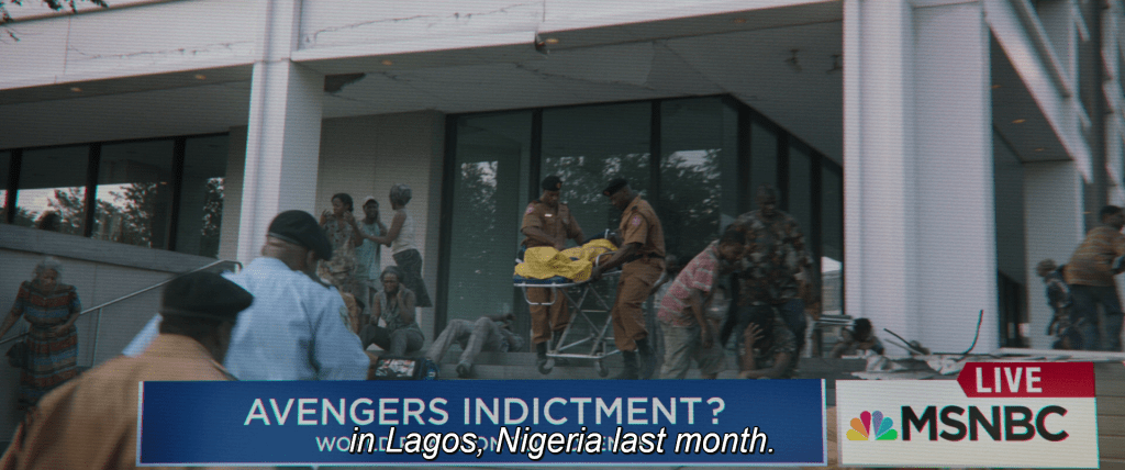 News footage of the Avengers mission in Lagos. Anchor states that this occurred,