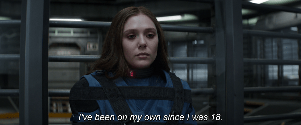 Steve Rogers narrates over a shot of Wanda in prison,