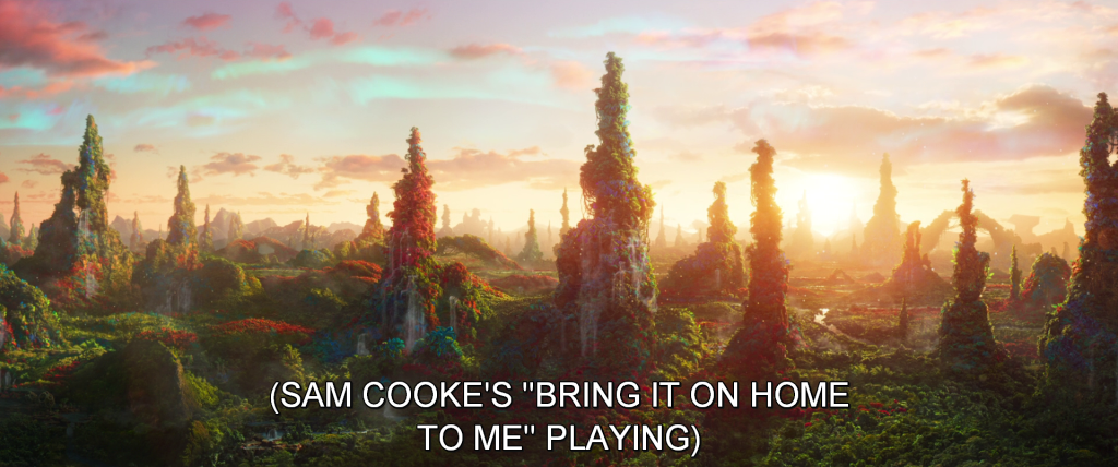 Alien landscape of Ego's planet. Subtitles read, 