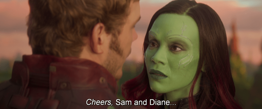 Peter and Gamora dance. Peter says, 