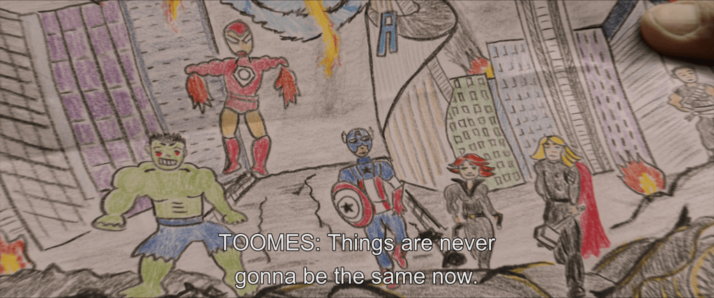 Child's drawing of the Avengers battling in New York City. From offscreen, Toomes says,