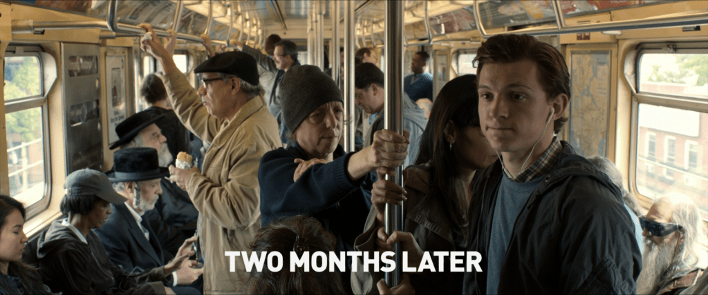 Peter Parker rides a crowded subway train. Title card reads,