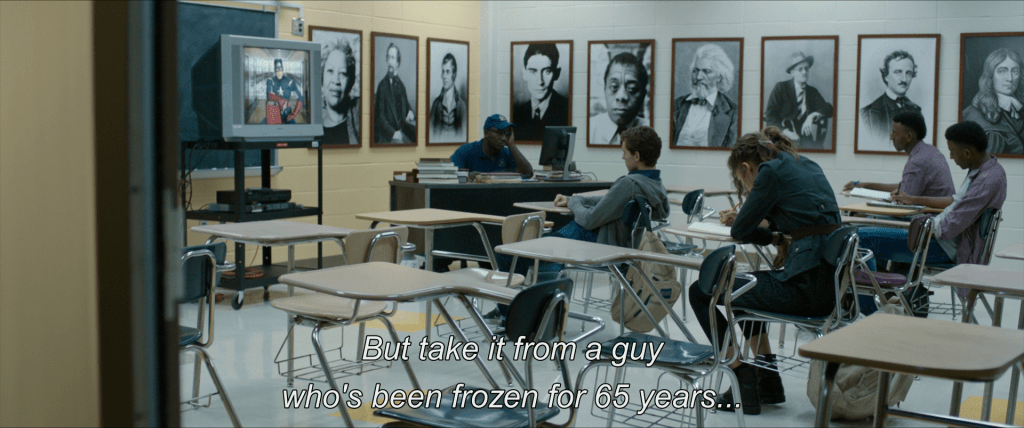 Peter sits in detention while an instructional video starring Captain America plays on the TV,