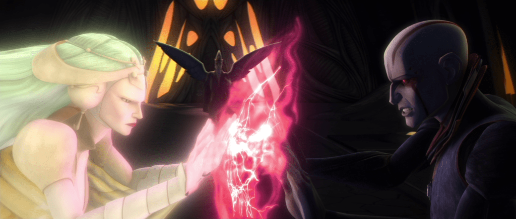 The Daughter and Son battle in front of the Father in