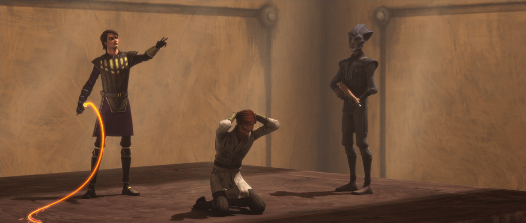 Anakin stands over Obi-Wan holding a laser whip in