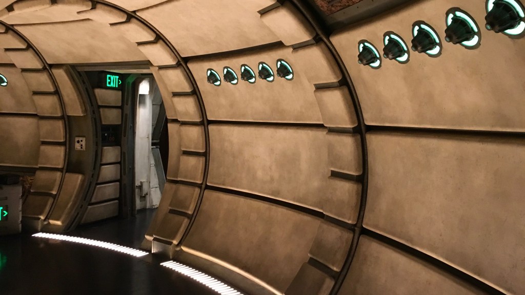 Corridor of the Millennium Falcon in Smuggler's Run at Star Wars: Galaxy's Edge.