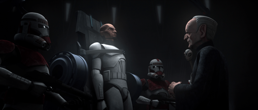 Clone trooper Fives is brought before Chancellor Palpatine in 