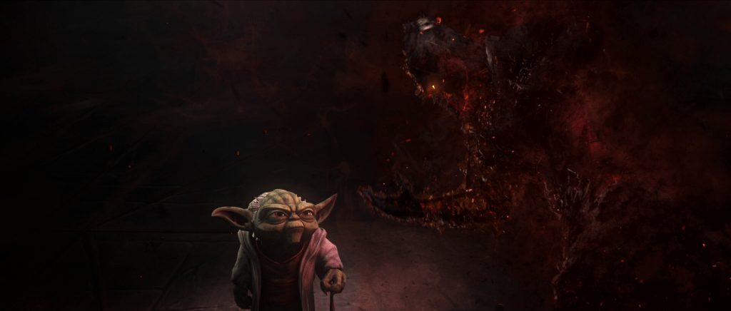 Yoda confronts an image of Darth Bane in 